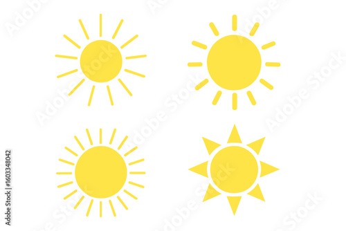 Collection of four yellow sun icons. Flat vector sunshine symbols. Summer sunlight burst and ray silhouettes for logo design, weather icon, or nature concept illustrations.