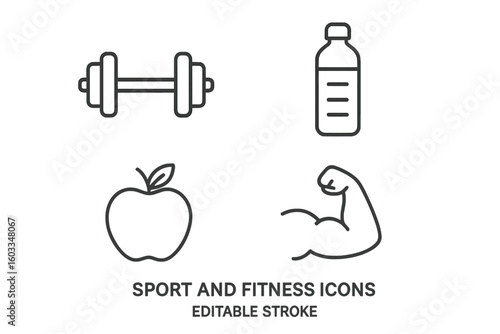 Set of Four Sport and Fitness Line Icons – Dumbbell, Water Bottle, Apple, Flexed Arm Muscle – Healthy Lifestyle, Gym, Workout, Nutrition, Diet, Weight Training, Exercise Concept