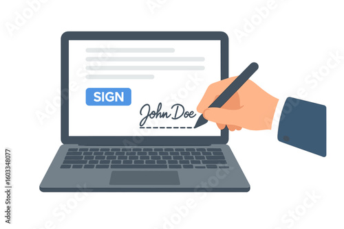 Electronic signature concept. Man hand with pen signing a digital smart contract on a laptop screen. E-signature technology for online document agreement and verification. Vector.