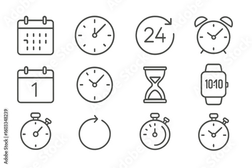 Minimalist Time and Clock Line Icons Set – Time Management, 24 Hour Clock, Alarm, Deadline, Calendar, Stopwatch, Hourglass, Smartwatch, Digital Chronograph, Date Symbols