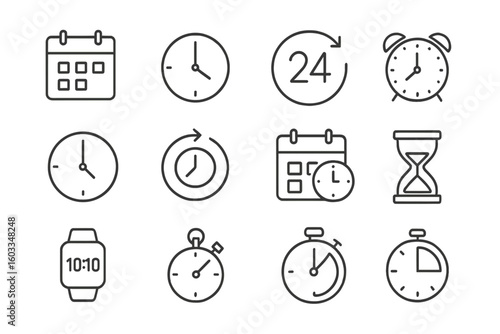 Thin line icons set of time management, 24 hour clock, deadline alarm, calendar, clock, date, timer, sand hourglass, digital smartwatch, stopwatch, punctuality concepts