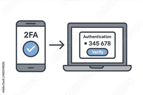 Two Factor Authentication Security Vector—2FA Mobile Verification with Laptop Login, Secure Authentication Code, Safe Online Access, User Authentication Process, Identity Protection Concept