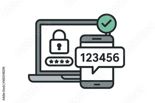 Two-step authentication icon with secure login verification, push code message on smartphone, password authorization, 2FA two-factor authentication security vector