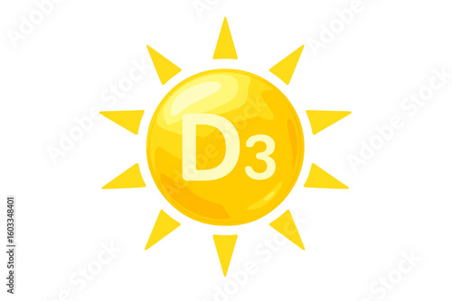 Vitamin D3 icon with bright sun illustration, glowing yellow capsule, health and beauty supplement concept, nutrition, skincare, pharmacy, diet, wellness vector on transparent background