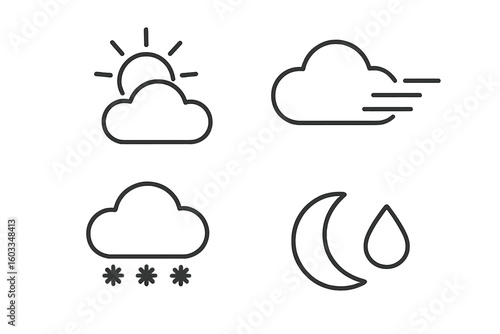 Weather forecast icons set in modern line style with clouds, sun, rain, snowflakes, wind, thunderstorm, and dew symbols for web and mobile app design elements