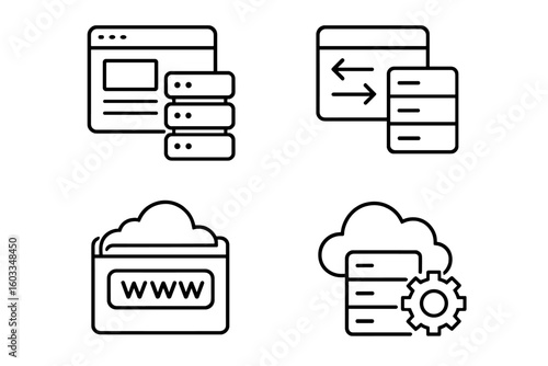 Set of 4 line style web hosting icons including webspace, data exchange, domain, cloud computing, and website symbols for web and mobile app design and cloud technology concepts