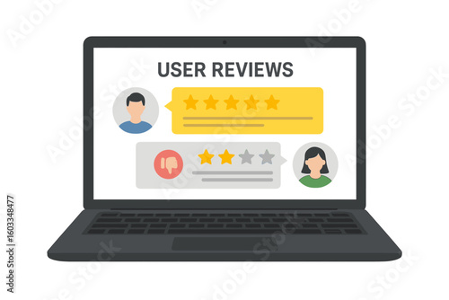 User reviews on laptop screen. Customer feedback with star rating system. Online product satisfaction survey. Good and bad testimonial. Experience concept vector illustration.