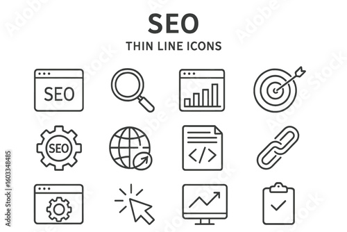 SEO thin line icon set. Search engine optimization symbols. Digital marketing, analysis, traffic, ranking, keyword research, and strategy signs. Vector illustration collection.