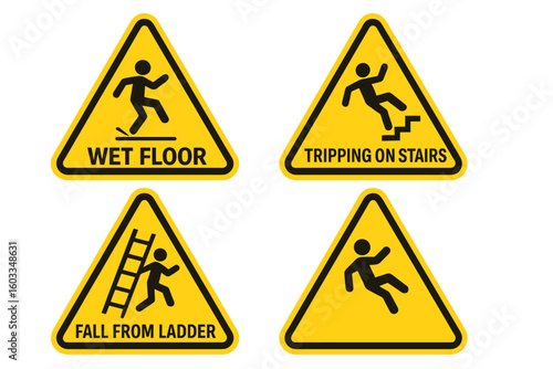 Set of 4 Yellow Caution Warning Signs with Falling Person Symbol. Wet Floor, Tripping on Stairs, Falling from Ladder, Slipping Hazard. Workplace Accident Prevention, Safety Icons Vector