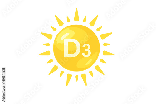 Vitamin D3 Icon Sunlight Symbol. Golden Shining Vitamin D3 Capsule in Sun Rays. Nutrition Supplement, Health Care, Beauty Wellness, Dietary Support, Pharmacy Product. Transparent Vector Concept Art