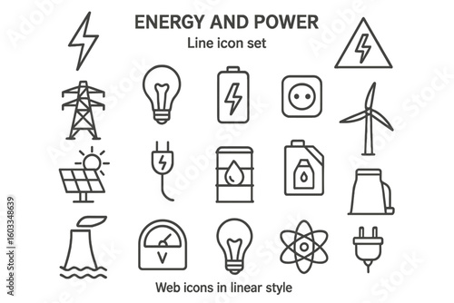 Energy and Power Linear Icon Set — Electricity, Renewable Sources, Solar Panels, Wind Turbines, Battery, Atomic Power, Electrical Voltage, Clean Technology, Outline Web Interface Elements Vector
