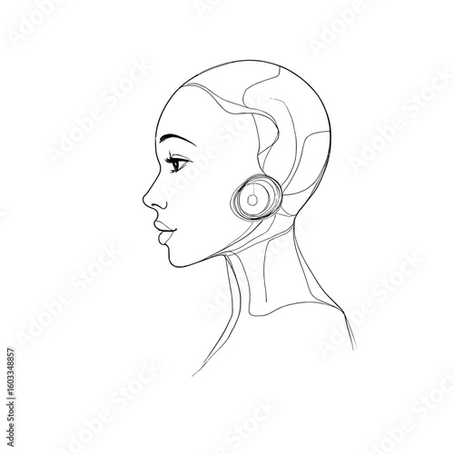 Line art of a futuristic female robot head with headphones, symbolizing technology and innovation, in a sleek design