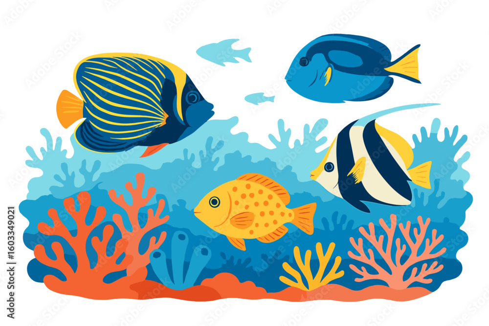 Naklejka premium Vibrant tropical fish swimming on a thriving living coral reef in the Red Sea underwater seascape, colorful marine life vector illustration on transparent background