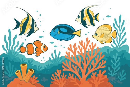 Vibrant Tropical Fish Swimming Over Colorful Living Coral Reef in Red Sea, Underwater Ocean Seascape Vector Illustration, Exotic Marine Life and Aquatic Plants on Transparent Background