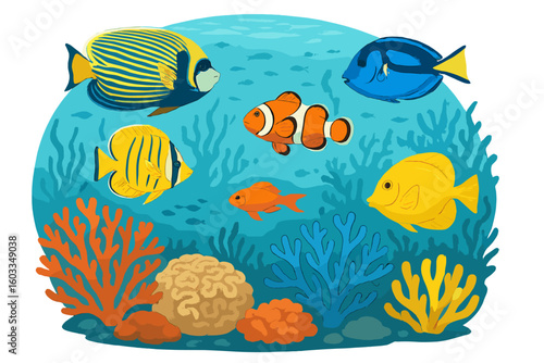 Colorful Tropical Fish Swimming in Vibrant Coral Reef Underwater Scene, Exotic Marine Life, Ocean Seascape, Vector Illustration, Aquatic Wildlife, Transparent Background