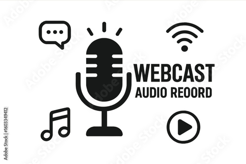 Webcast and Audio Recording Concept with Flat Vector Icons and Logo Design, Transparent Background, Digital Broadcast Technology Illustration for Streaming and Podcasting