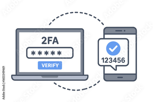 Two factor authentication concept. 2FA with laptop and smartphone. User login with password and verification code. Online security, data protection, cybersecurity vector.