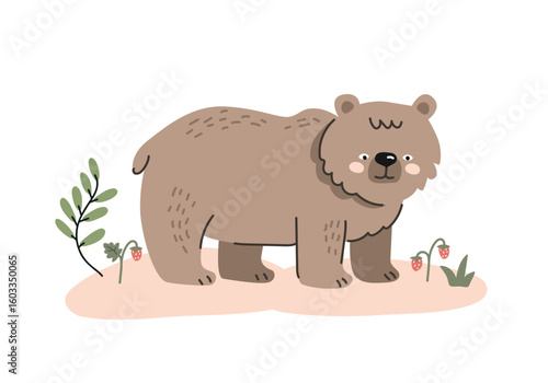 Illustration of a cartoon brown bear among strawberry bushes. Great for children's designs on a nature theme. flat style