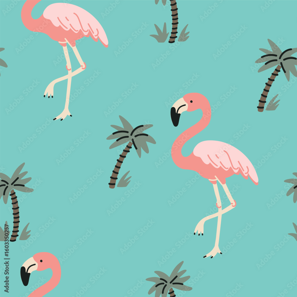 Fototapeta premium Tropical seamless pattern with pink flamingos and palm trees on a turquoise background. Ideal for fabrics, wallpapers and summer designs. Vector flat style.