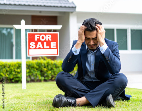 Desperate Realtor Sits on Lawn with For Sale Sign in Background