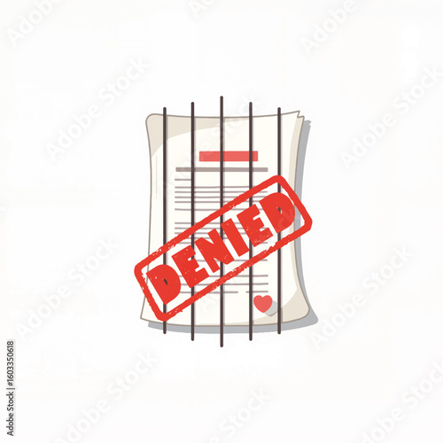 Denied application document with red stamp behind bars  