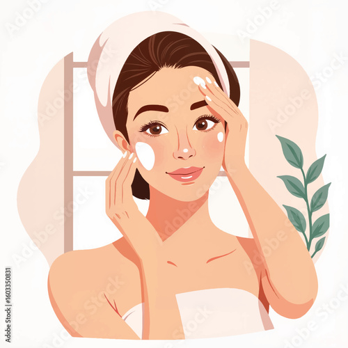 Young woman applying skincare product in a bright bathroom  