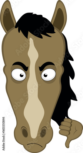 vector illustration character face horse cartoon, with thumb pointing down in concept of not approved or no like
