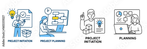 Process of project initiation and planning illustrated with engaging icons on a bright background