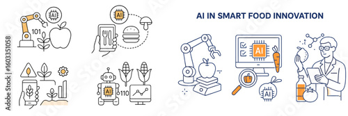 Illustration of AI technologies transforming food production and processing in modern agriculture and culinary practices
