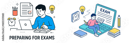 Students studying for exams in a cozy environment with tools and materials on a desk