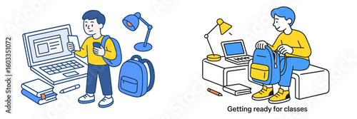 Students preparing for classes with backpacks and school supplies at home and online learning environments