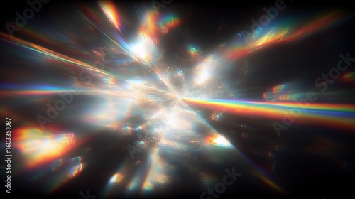 Prismatic light burst with rainbow spectrum and lens flare effect