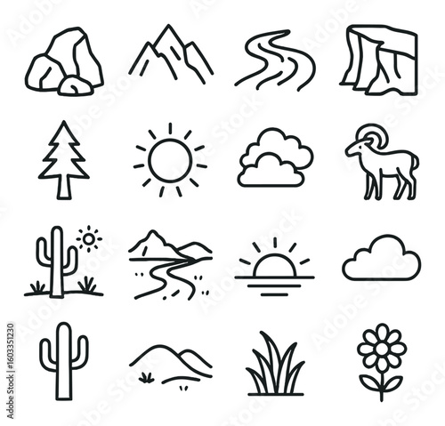 Farm life icons: scenery, house, windmill, tractor, dog, silhouette