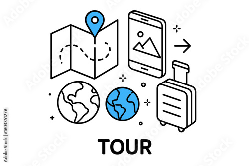 Tour concept illustrating travel planning with a map, smartphone, globe, and suitcase, emphasizing adventure and exploration