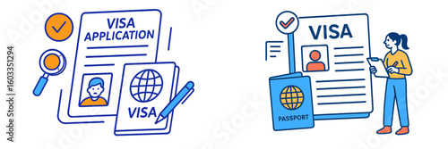 Visa application process illustrating documents and a person reviewing requirements