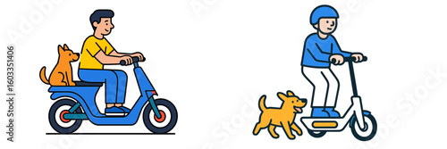 Man riding a scooter with a dog while another person rides a scooter with a dog running beside them