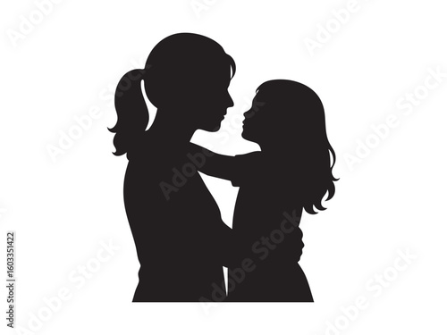 Black silhouette of woman holding child, isolated on white background, graphic illustration. concept of motherhood, family bond, maternal care, love, parenting, design element