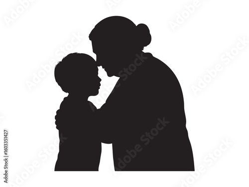 Black silhouette of elderly woman embracing child isolated on white background, graphic illustration. concept of maternal love, family bond, parent child connection, icon, design element