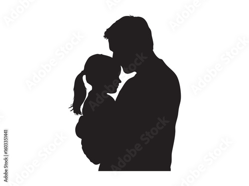 Black silhouette of man holding child, isolated on white background, graphic illustration. concept of family, fatherhood, parenting, love, bonding, protective embrace