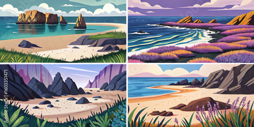 Coastal grassland landscape set with volcanic rocks and sea breeze, beautiful beach