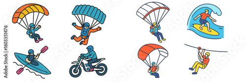 Outdoor adventure activities featuring parachuting, kayaking, surfing, and zip-lining during daytime recreation