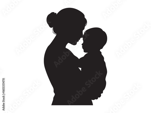 Black silhouette of woman holding child, isolated on white background. concept of motherhood, family bond, love, care, maternal figure, parent-child connection, graphic illustration