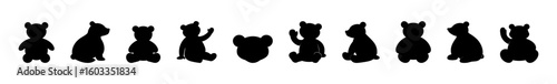 Set of black silhouettes of toy bears in various poses isolated on a white background. Cute baby plush bears. Concept of kids toys, childhood, minimalist. Print, icon, design element. Clip art