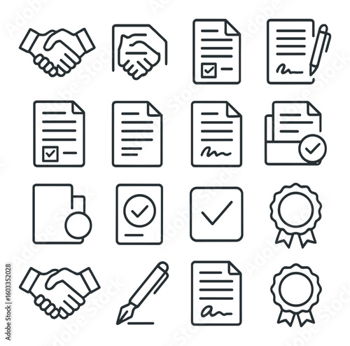 Outline icons of handshake, documents, and certification on gray background