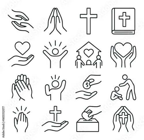 Collection of religious symbols including praying hands and crosses