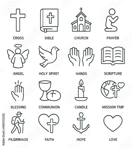 Religious symbols: cross, bible, church, angel, holy spirit, pilgrimage icons