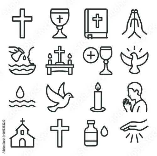 Christian symbols: cross, chalice, bible, praying hands, dove, candle, church