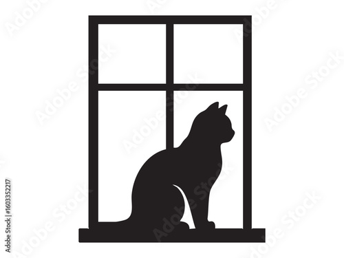 Black silhouette of cat sitting on window sill isolated on white background, graphic illustration. Concept of cozy home interior, domestic pet, peaceful moment, feline decor, design element
