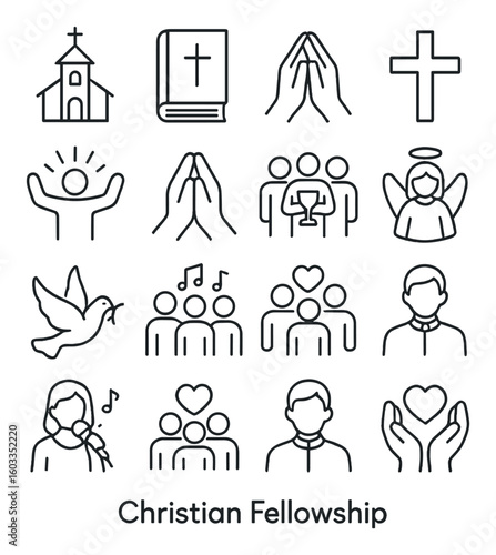Christian symbols collection: church, bible, prayer, faith, community, worship