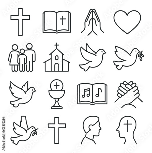 Christian symbols: cross, bible, dove, prayer, church icons